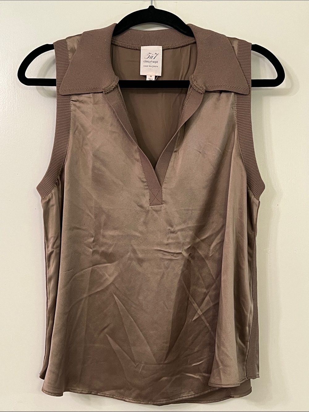 5à7 Cinq a Sept Taupe Sleeveless Silk Blouse with Polo Tank Collar